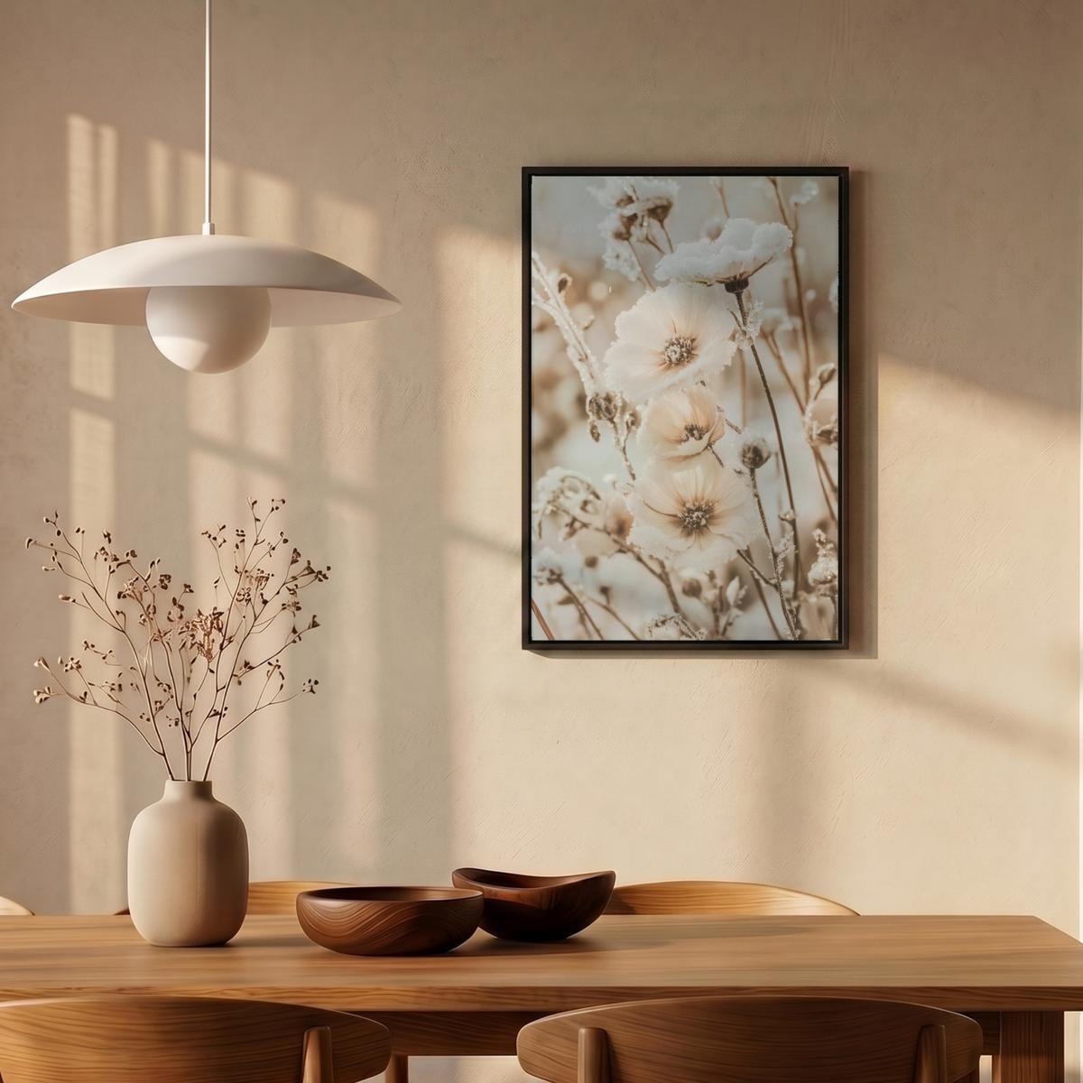 LEINWAND Bilder mit Rahmen - Blumen - Winter - Weiß - Schnee - Beige - 40x60 - Creme, Textil (40/60cm) - MuchoWow