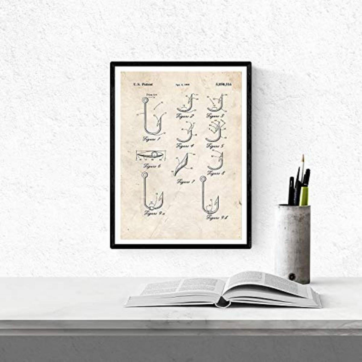 POSTER Set mit 4 Angelrute Patent A3 Schwarzer Rahmen - Schwarz, Papier (29.7/3cm) - Nacnic