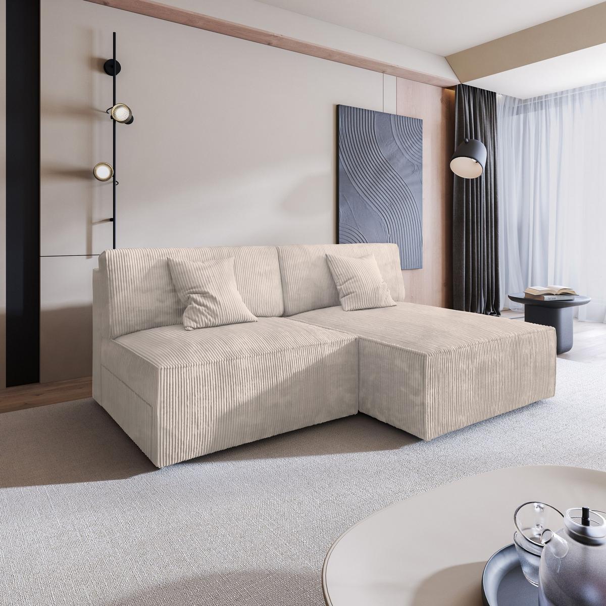 ECKSOFA FIORO P Creme Kordstoff mit Schlaffunktion - Creme/Grau, Holz/Kunststoff (204/148cm) - MASSENO
