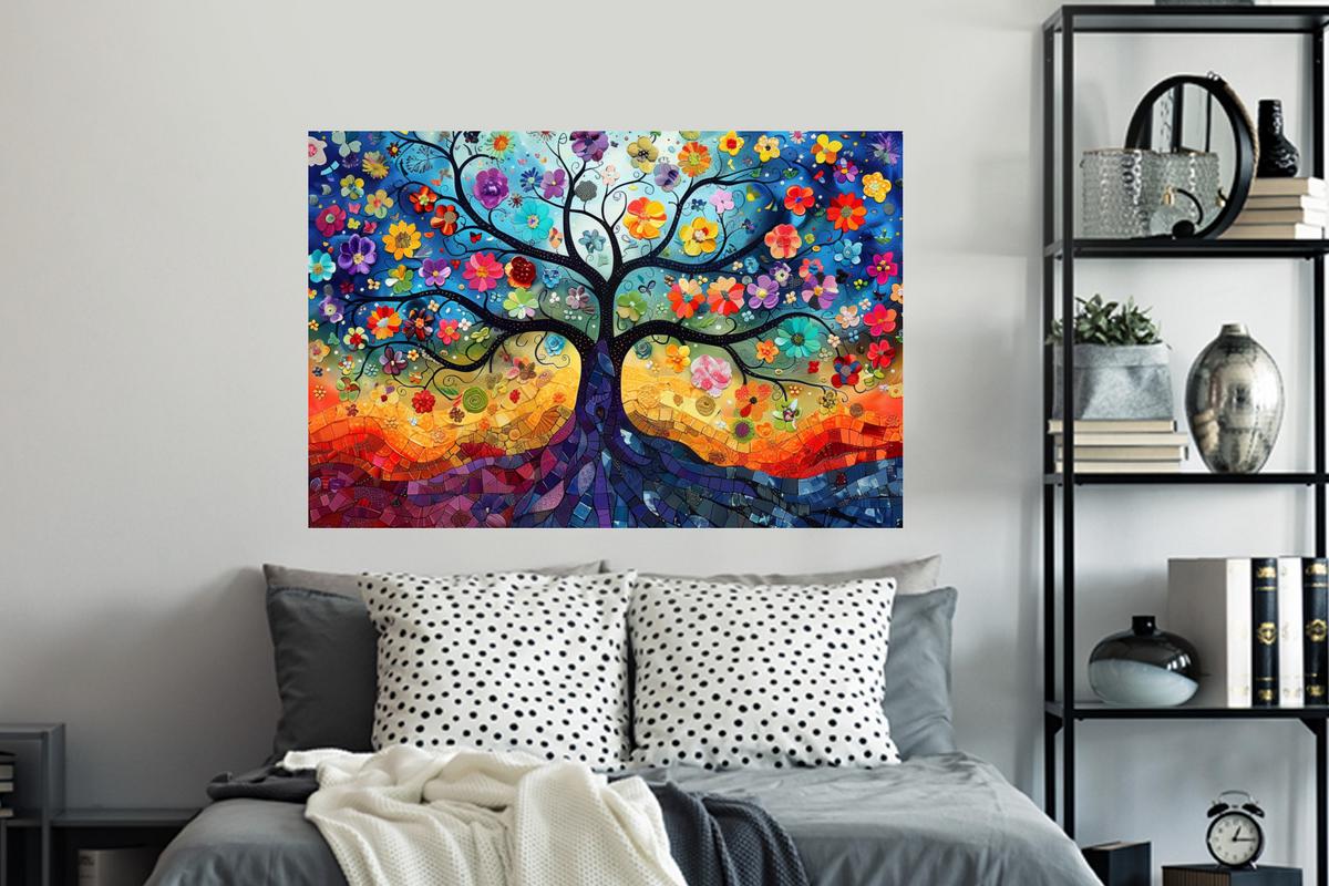 WANDTATTOO Kunst - Baum des Lebens - Blumen - Hippie Wandsticker 120x80 cm - Dunkelblau, Kunststoff (120/80/0.1cm) - MuchoWow