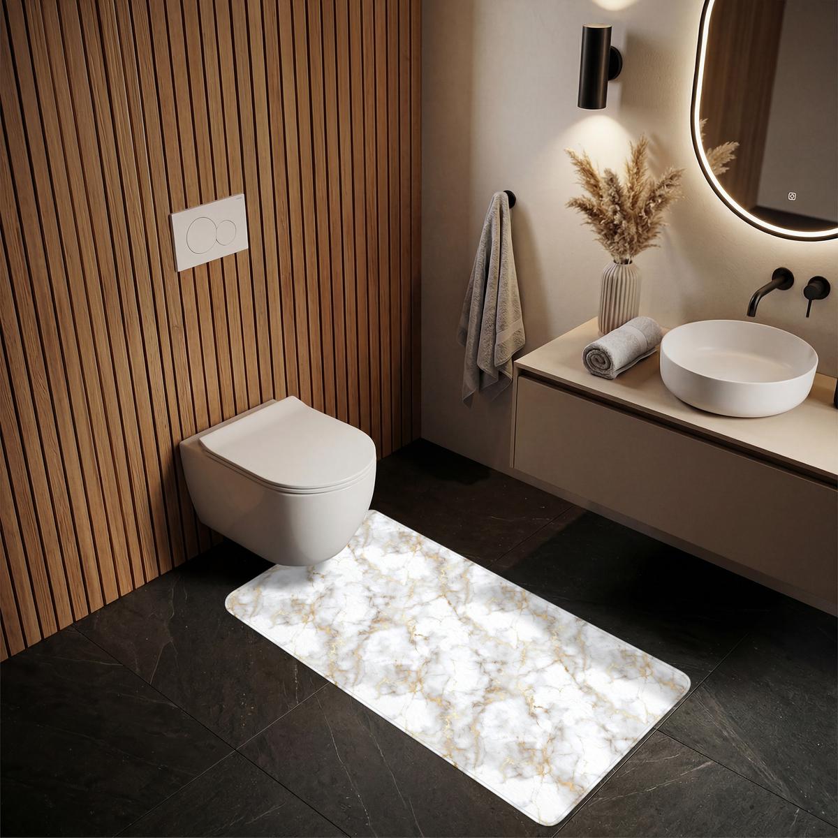 BADEMATTE Goldene Adern - Marmor - Weiß 60x120 cm - Weiß, Textil (60/120cm) - OnlyWow