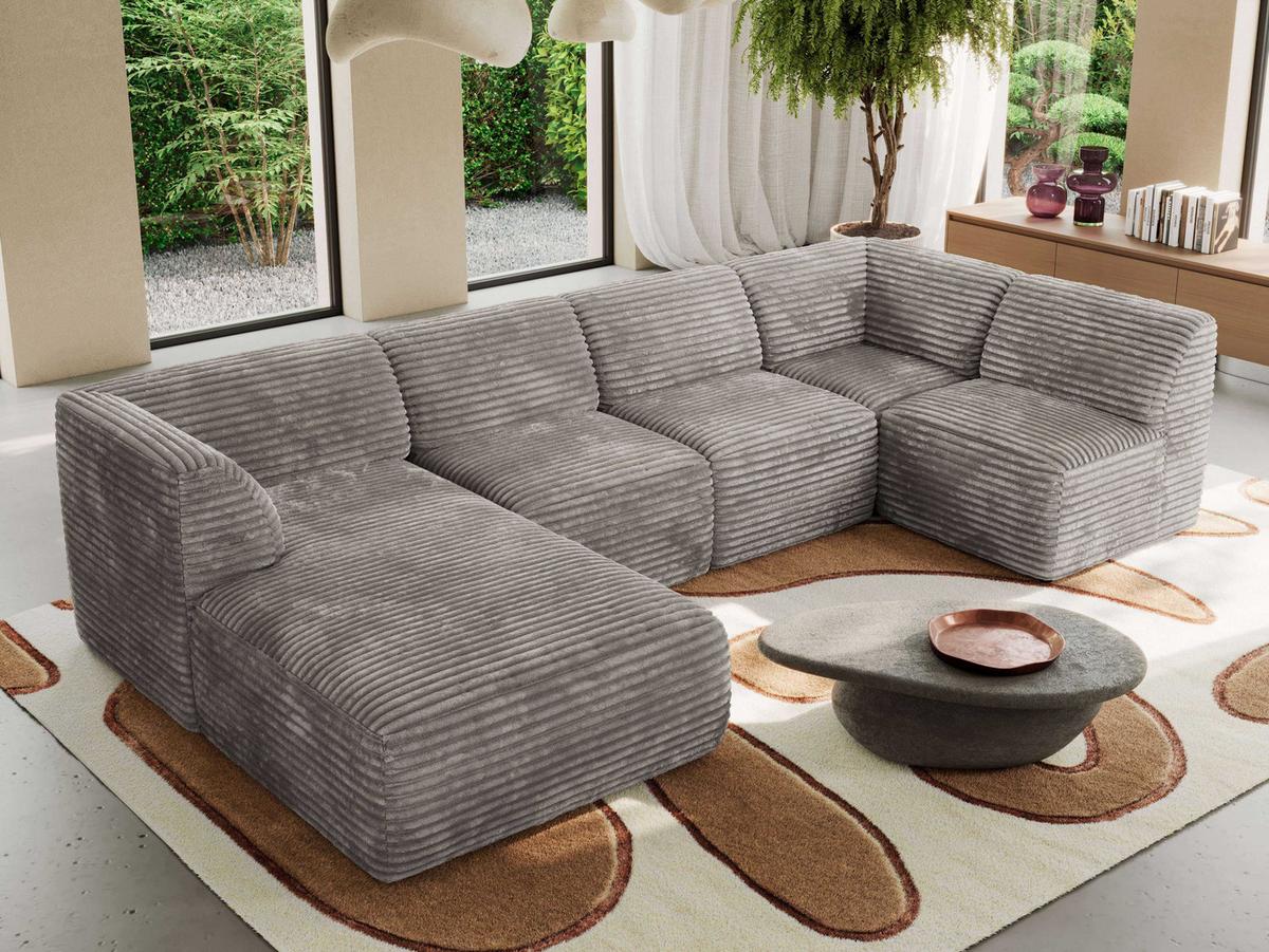 WOHNLANDSCHAFT MODARO U 6M - Hellbraun Cord - Links - Hellbraun/Schwarz, Textil (180/78/345cm) - MKS