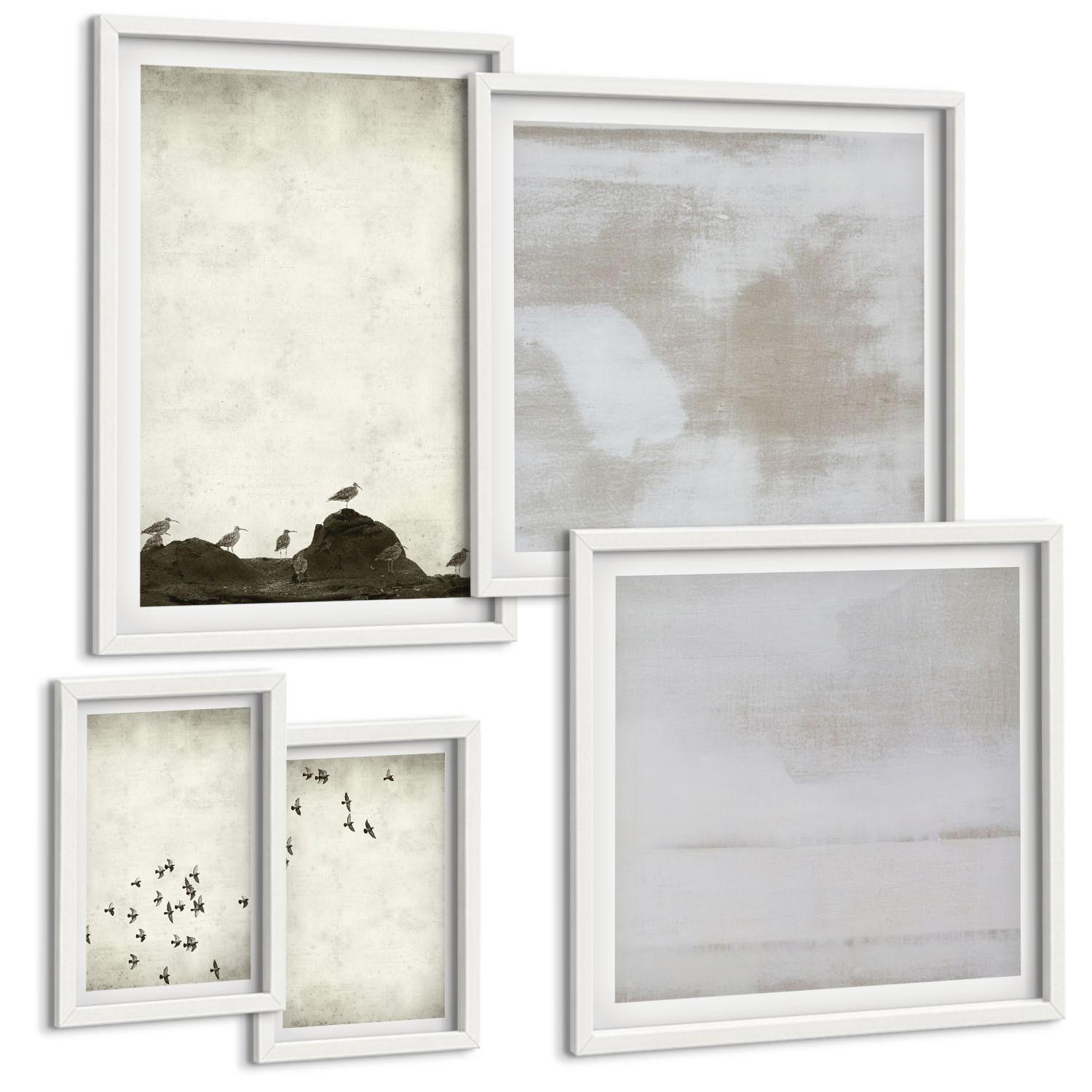 BILDER SET 5er Set - 50x50 cm & 20x30 cm & 40x60 cm Weißer Rahmen - Minimalistische Vögel im Flug - Weiß, Kunststoff (40/60cm) - TULUP