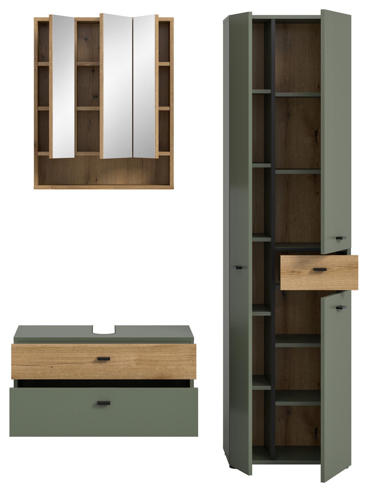 BADMÖBEL-SET grün, Evoke Eiche 3-teilig 141 cm, Komplettset mit viel Stauraum - Eichefarben/Schwarz, Glas/Holzwerkstoff (141/191/35cm) - Inn.Furn