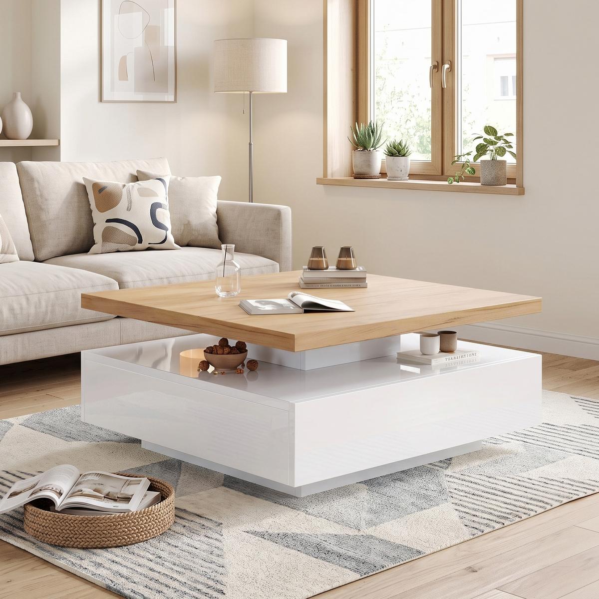 COUCHTISCH 360° Drehbar Weiß Hochglanz & Nussbaum Quadratisch 1 Schublade - Naturfarben, Holzwerkstoff (70/70/36cm) - Urban Meuble
