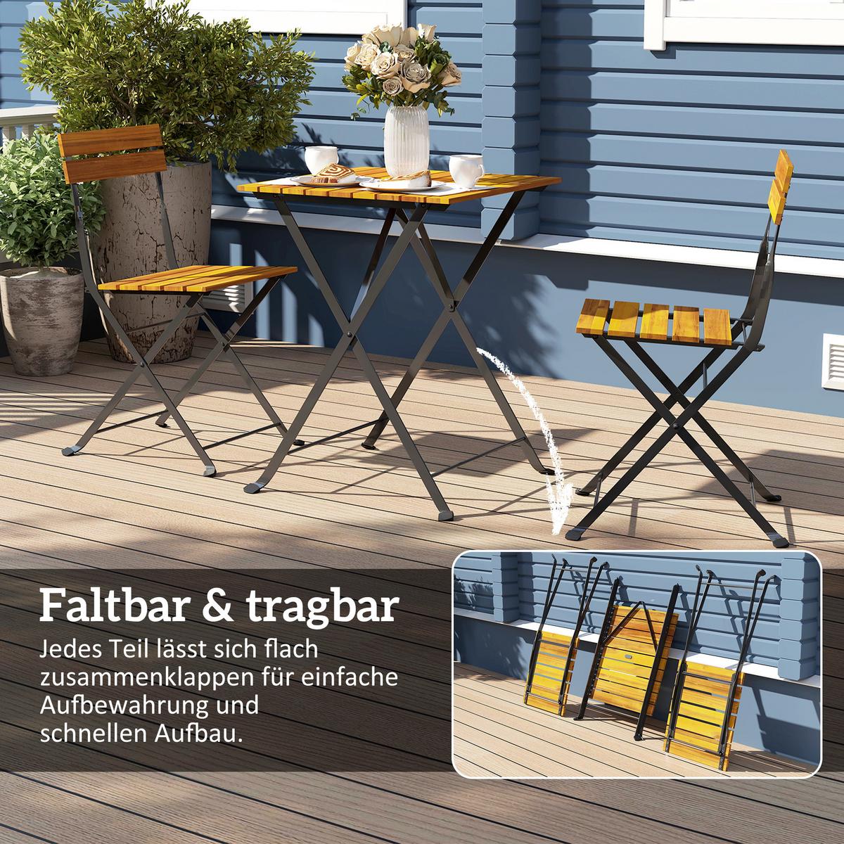 BISTROTISCH-MIT-2-STÜHLEN 3er Set Akazienholz Stahl Teak - Teakfarben, Metall - Outsunny