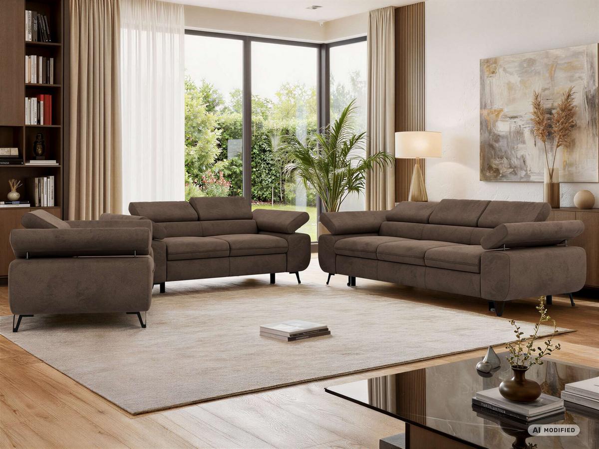 SITZGARNITUR PETER 1+2+3 mit Schlaffunktion - Braun Velvet - Schwarz/Braun, Textil/Metall (262/76/99cm) - MKS