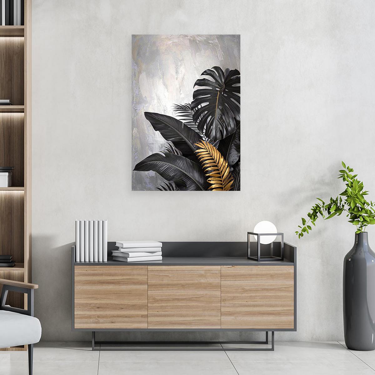 BILD auf Leinwand, Schwarze Blätter von Monstera und Bananenbaum auf grauem Hintergrund - Schwarz, Textil (30/45cm) - Feeby