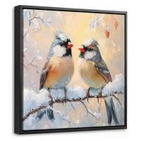 LEINWAND Bilder mit Rahmen - Vögel - Zweig - Winter - Schnee - 20x20 - Pastellblau, Textil (20/20cm) - MuchoWow