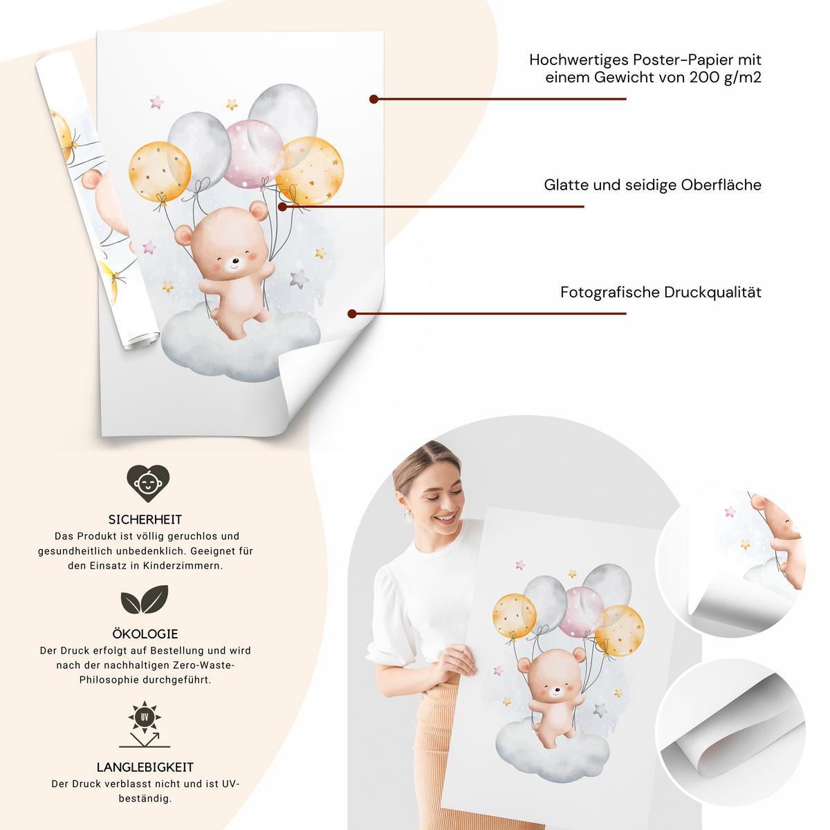POSTER SET für Kinderzimmer Teddybären Wolken Ballons Sterne 3x Poster A4 21x30cm - Beige/Rosa, Papier (21/30/1cm) - Muralo
