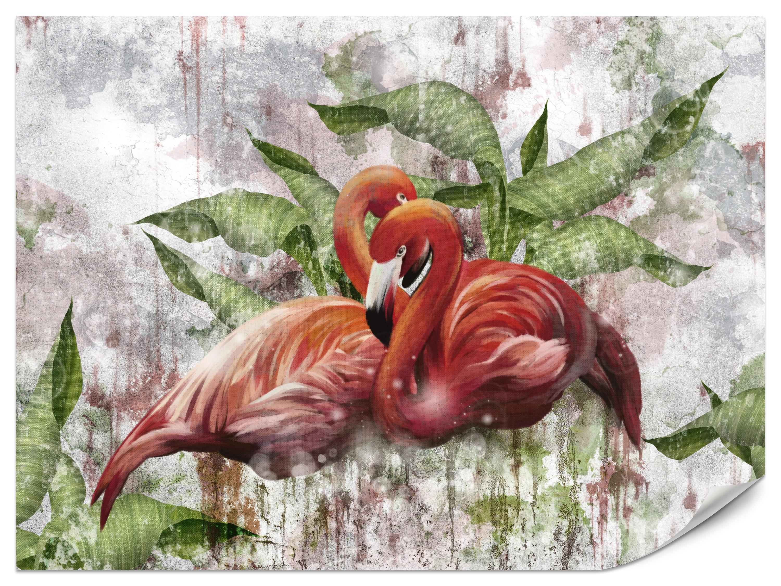 FOTOTAPETE für Schlafzimmer Abstrakte Flamingos Beton Tropische Blätter Palmen Natur 500x350 - Multicolor, Papier (500/350cm) - Muralo