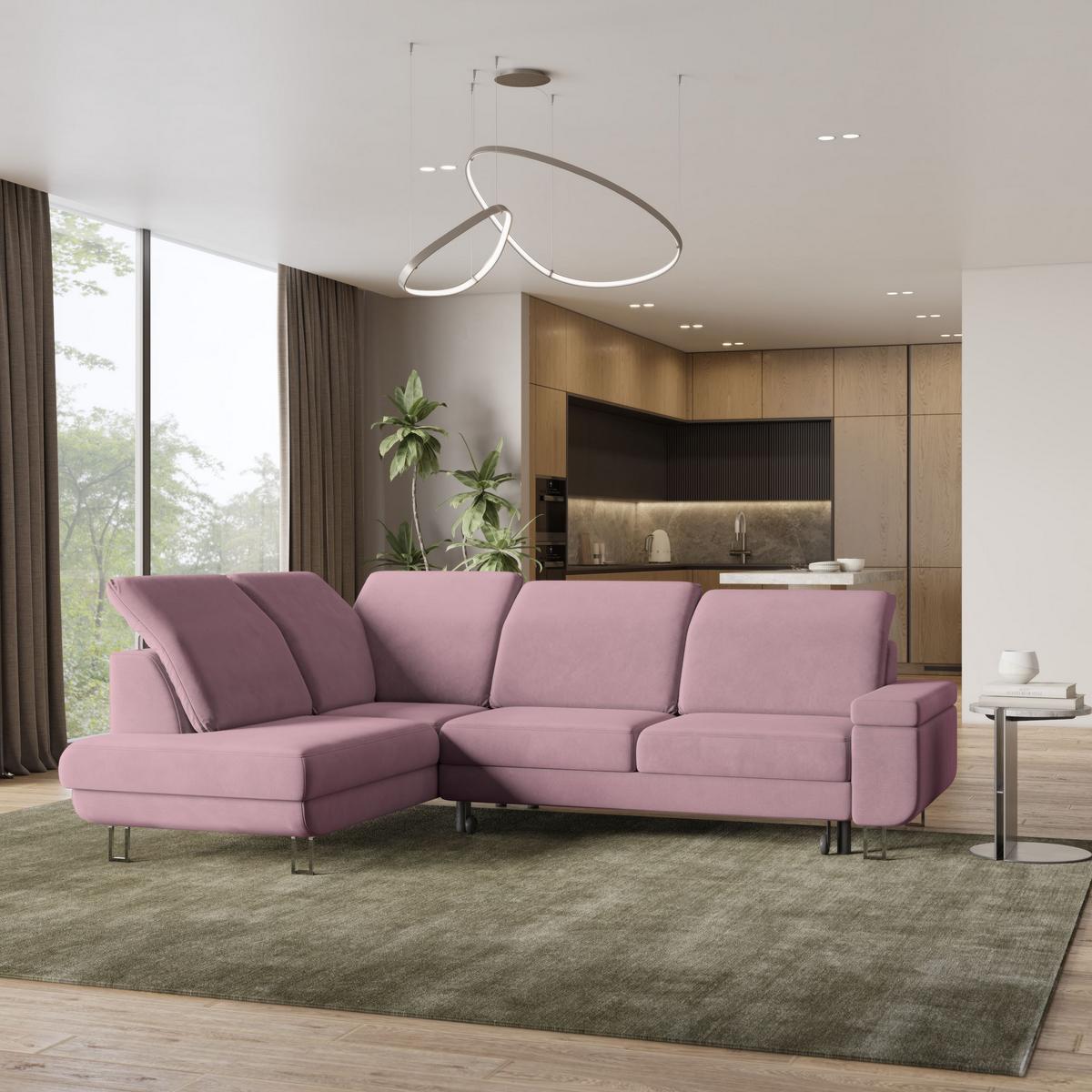 ECKSOFA LERMA L-S Lila Velours-Stoff mit Schlaffunktion - Lila/Silberfarben, Holz/Textil (253/190cm) - MASSENO