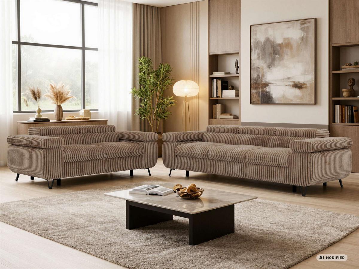 SITZGARNITUR PETER 2+3 - Braun Cord - Schwarz/Braun, Textil/Metall (262/76/99cm) - MKS