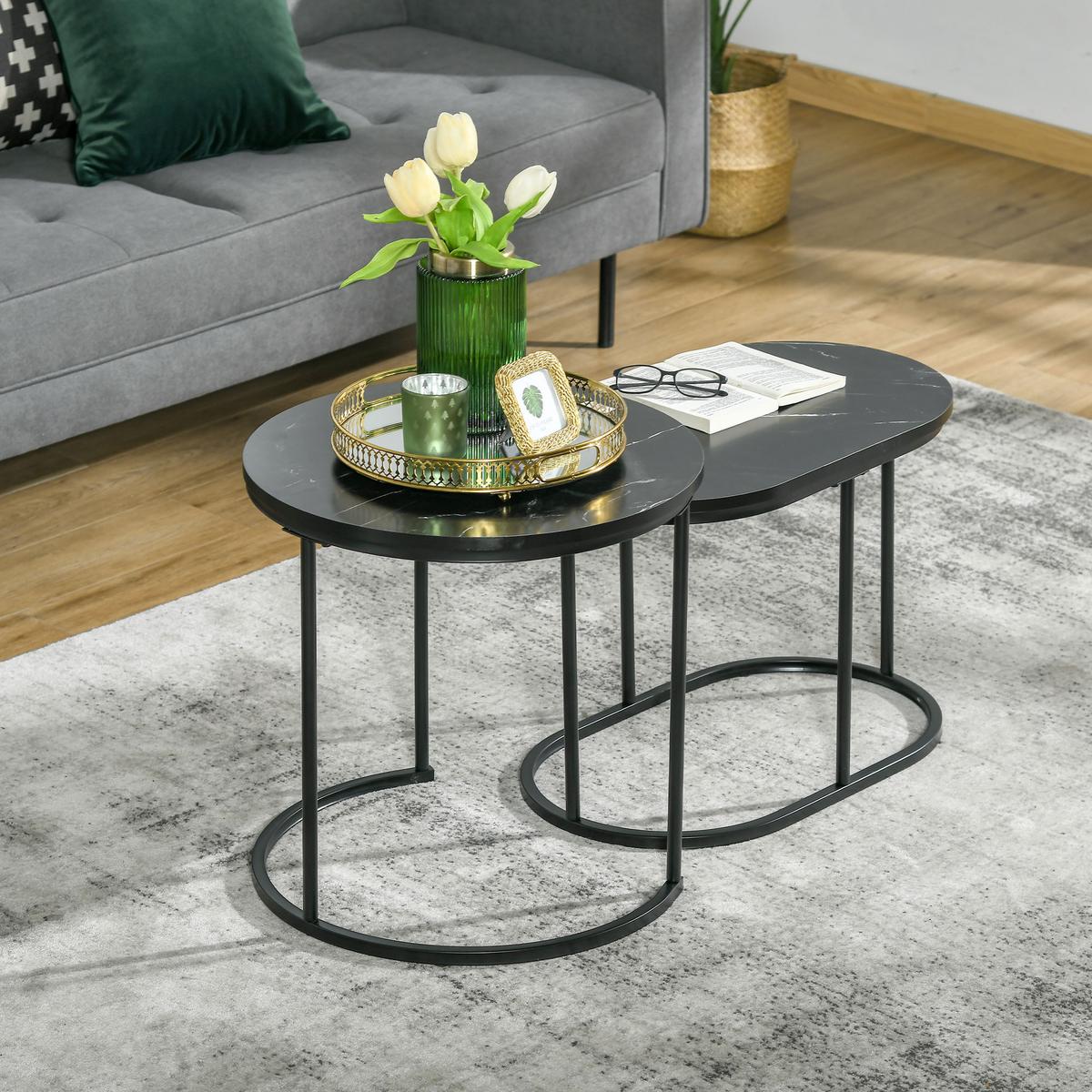 2ER Set Couchtisch Satztisch Rund mit Faux Marmor Seite bis 30 kg Stahl Schwarz - Schwarz, Metall (50/50/50.5cm) - HOMCOM