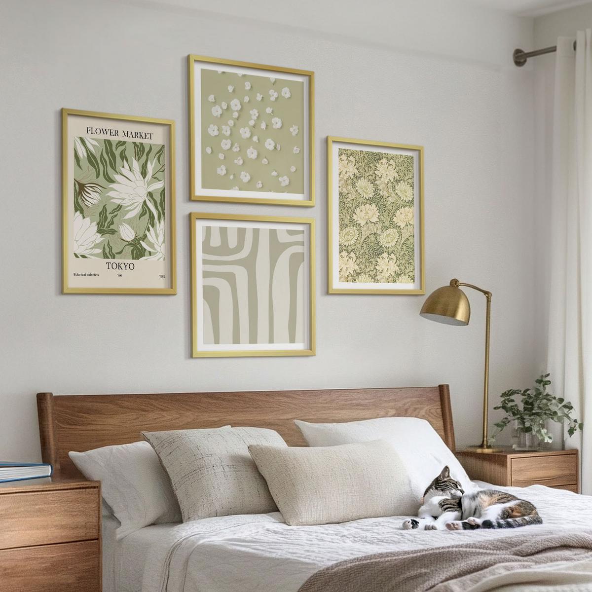 BILDER SET 4er Set - 50x50 cm & 40x60 cm Goldrahmen - Boho-Pflanzenkompositionen in Pastellfarben - Goldfarben, Kunststoff (50/50cm) - TULUP