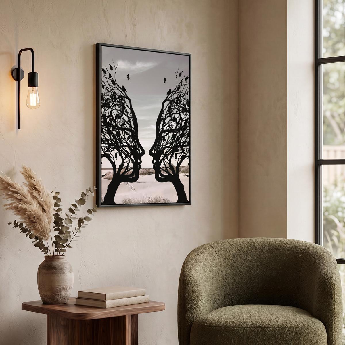 LEINWAND Bilder mit Rahmen - Strand - Meer - Menschen - Baum - Moderne Kunst - 50x70 - Hellgrau, Textil (50/70cm) - MuchoWow