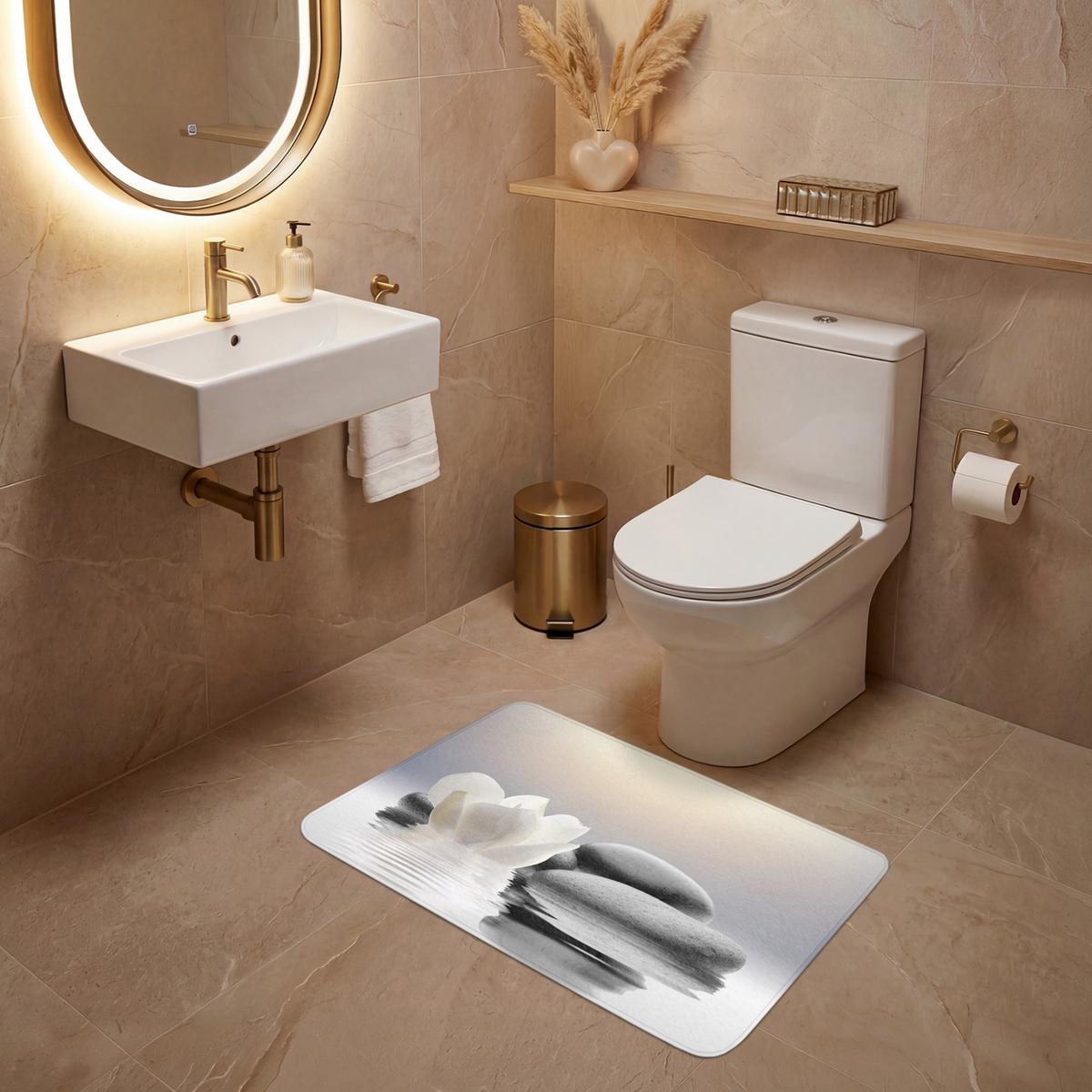 WC-VORLEGER Steine - Lotus - Weiß - Wasser - Zen Toilettenteppich 80x50 cm - Weiß, Textil (80/1cm) - OnlyWow