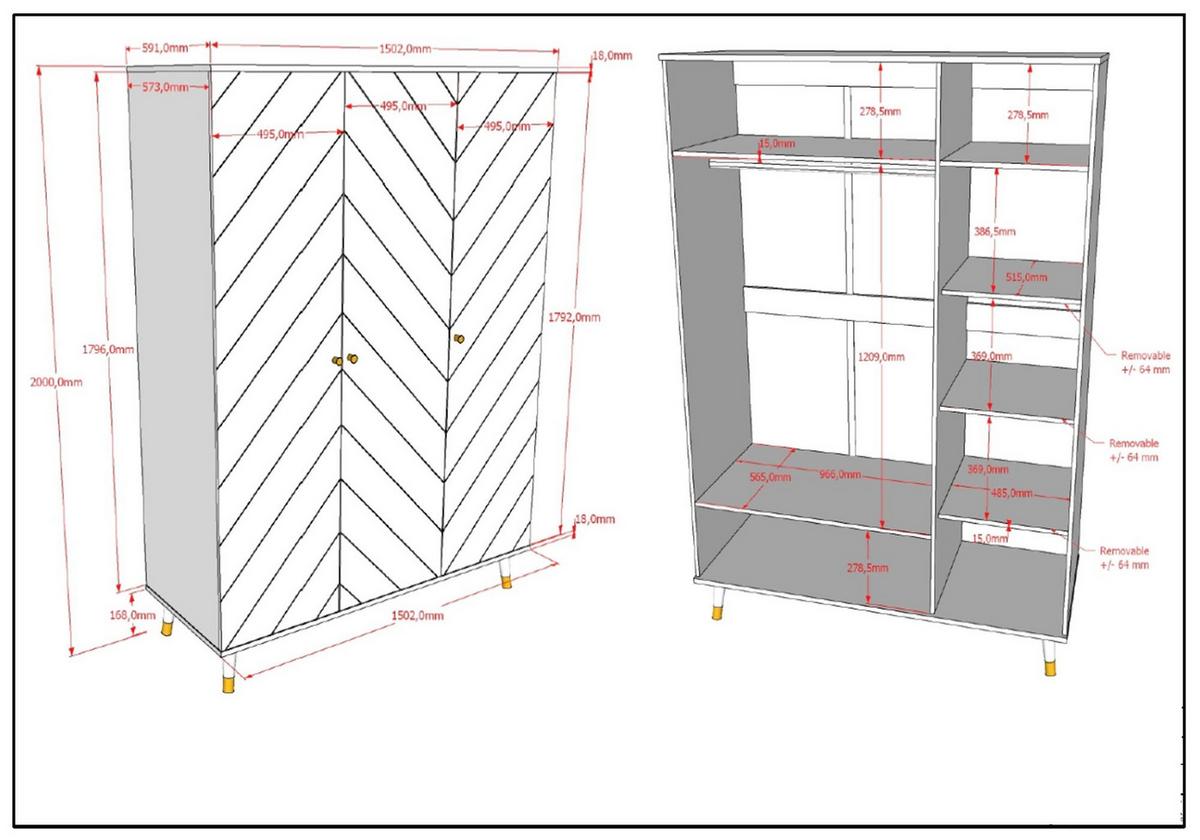 KLEIDERSCHRANK Kamillah 150x59x200 mit 3 Türen aus MDF in Satin Weiß - Weiß, Holzwerkstoff (150/200/59cm) - 58aufmkessel