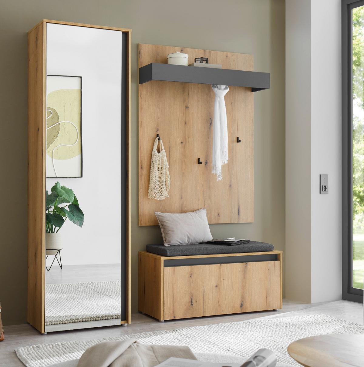 GARDEROBEN-SET 4-teilig Evoke Eiche, grau 170 cm, Garderobe inklusive Sitzkissen - Eichefarben/Schwarz, Glas/Holzwerkstoff (170/200/40cm) - Furn.Design