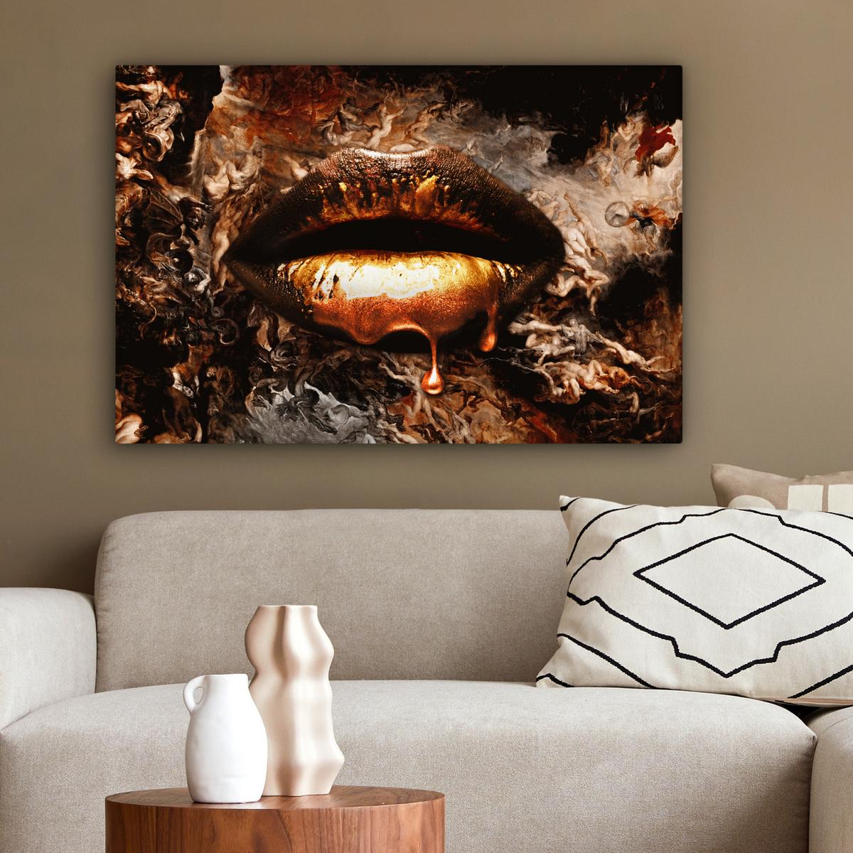 LEINWANDBILD Gold - Lippen - Kunst - Gold - Luxus - Abstrakt Wanddeko 90x60 cm - Kupferfarben, Textil (90/60cm) - MuchoWow