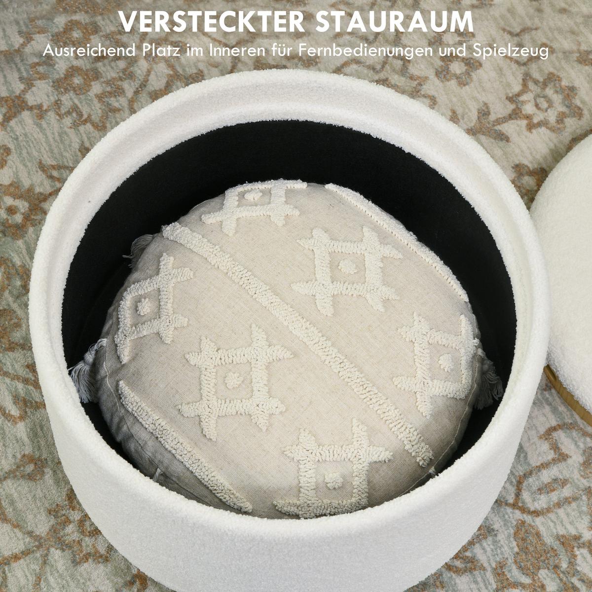 SITZHOCKER Ottomane mit Stauraum Runder Polsterhocker mit Klappdeckel, Weiß - Weiß/Naturfarben, Eichenholz/Kunststoff (56/42/56cm) - HOMCOM