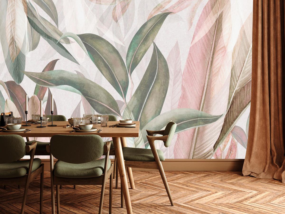 FOTOTAPETE für Wohnzimmer Empfindlich Pastell Bananenblätter 500x350 - Beige/Rosa, Papier (500/350cm) - Muralo
