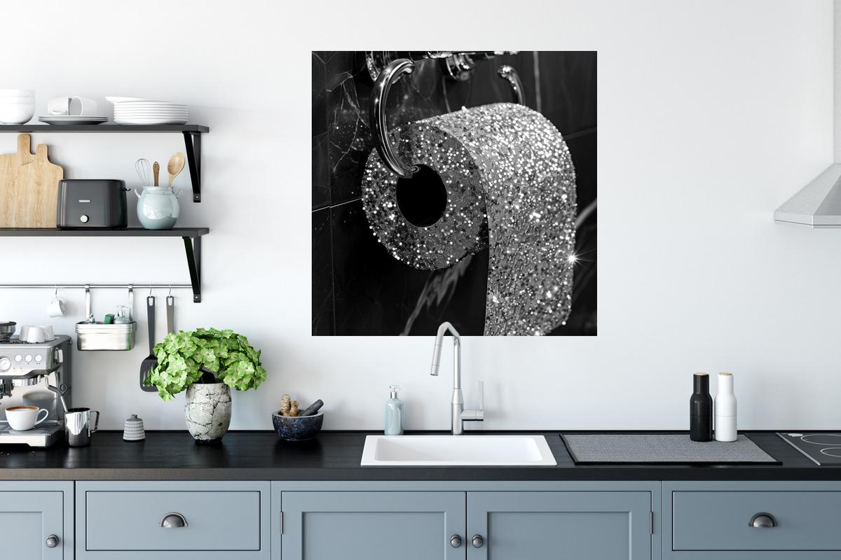 WANDTATTOO WC - Toilettenpapier - Schwarz und weiß - Glitter Wanddeko 50x50 cm - Silberfarben, Kunststoff (50/50/0.1cm) - MuchoWow