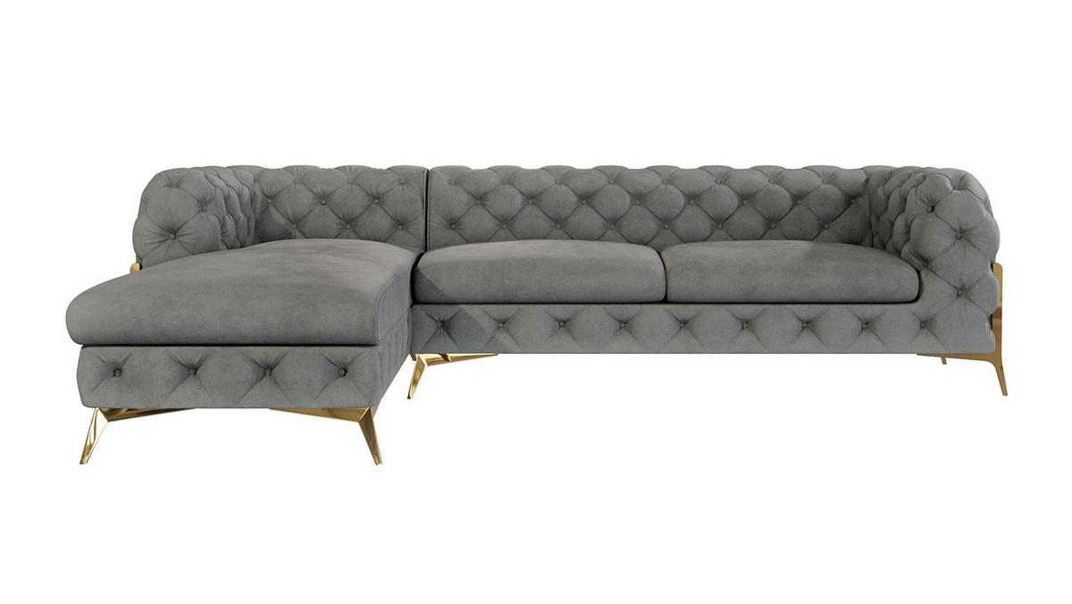 ECKSOFA Chesterfield Lexi Grau Samt, Ottomane links - Goldfarben/Grau, Holz/Textil (305/200cm) - S-Style Möbel