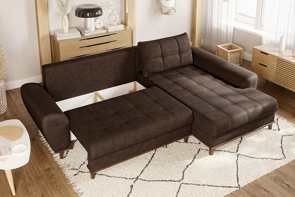 ECKSOFA im Scandi-Stil, Schlaffunktion, Bettkasten B268/T175/H86 cm, Ottomane rechts, Liegefl. 128x209 cm, Mikrofaserstoff in Vintage Braun / 21017 - Wildeiche/Eiche Bianco, Holz/Textil (268/175cm) - luma-home