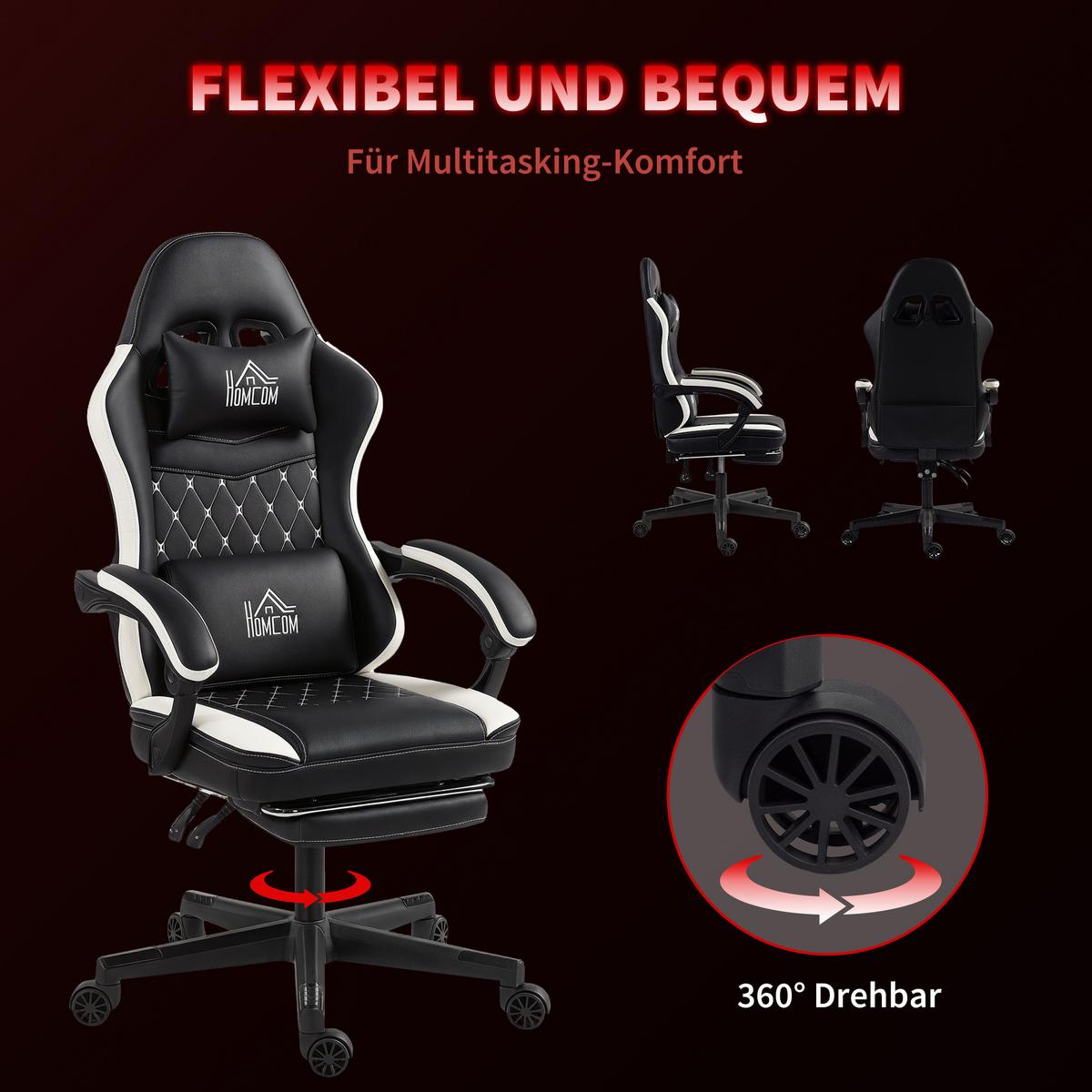 GAMING-STUHL Ergonomisch mit Lendenwirbelstütze, Fußstütze Grün - Schwarz, Kunststoff (64/128/65cm) - HOMCOM