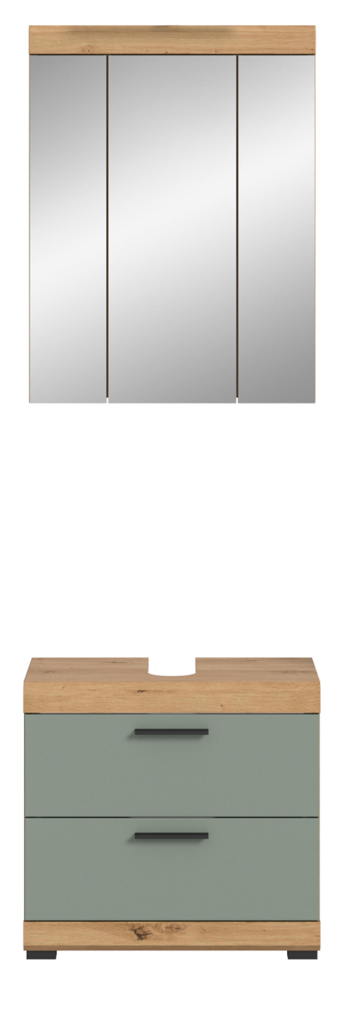 BADMÖBEL-SET Salbei grün, Eiche Artisan 2-teilig 60 cm, Kombination mit Spiegel - Salbeigrün/Schwarz, Glas/Holzwerkstoff (60/191/37cm) - Inn.Furn