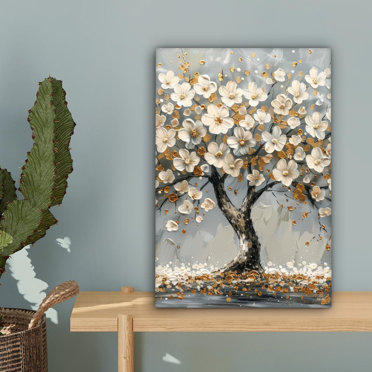 LEINWANDBILD Baum - Blumen - Weiß - Natur - Kunst Deko Wohnzimmer 20x30 cm - Weiß, Textil (20/30cm) - MuchoWow