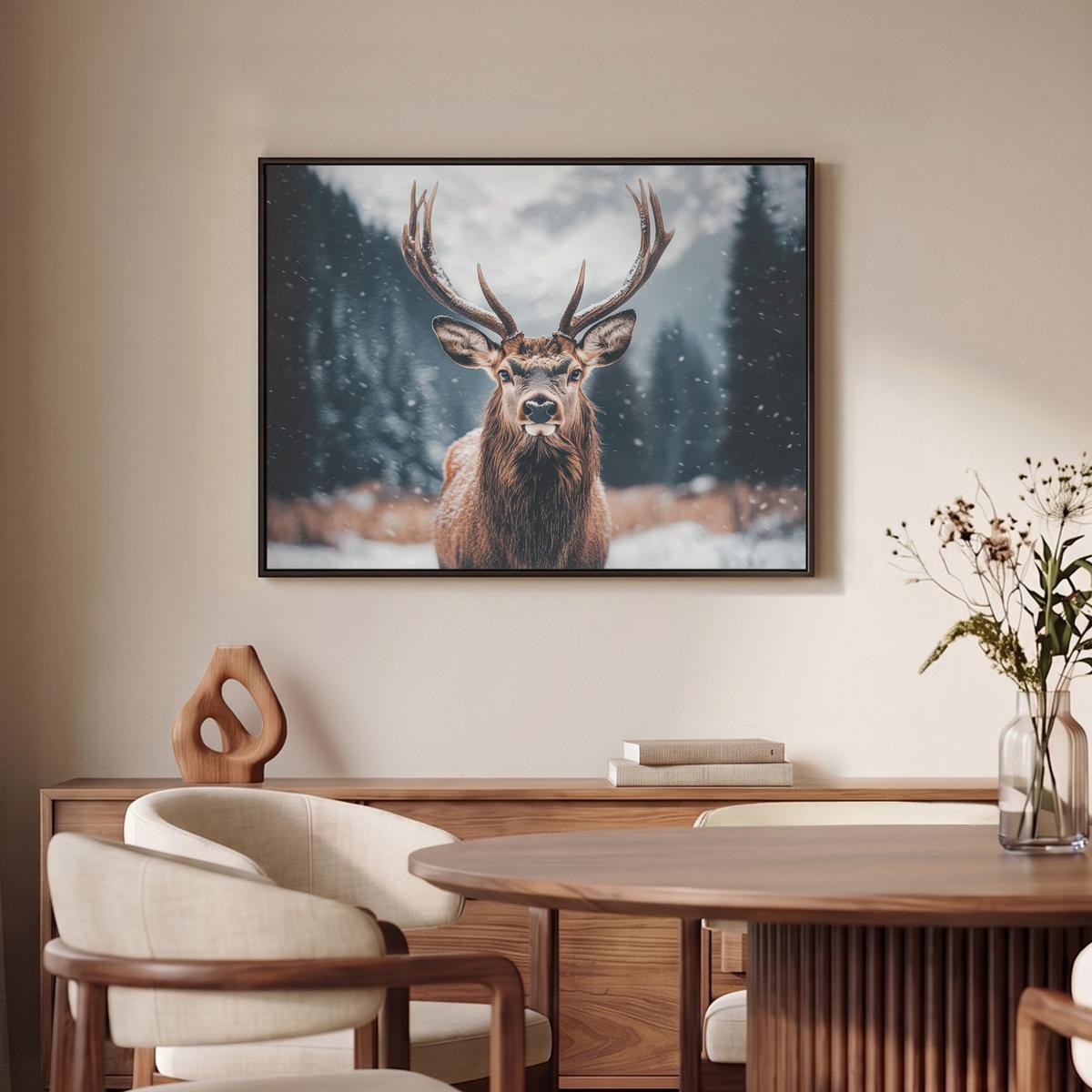 LEINWAND Bilder mit Rahmen - Hirsche - Tiere - Landschaft - Winter - Schnee - 70x50 - Kastanienfarben, Textil (70/50cm) - MuchoWow
