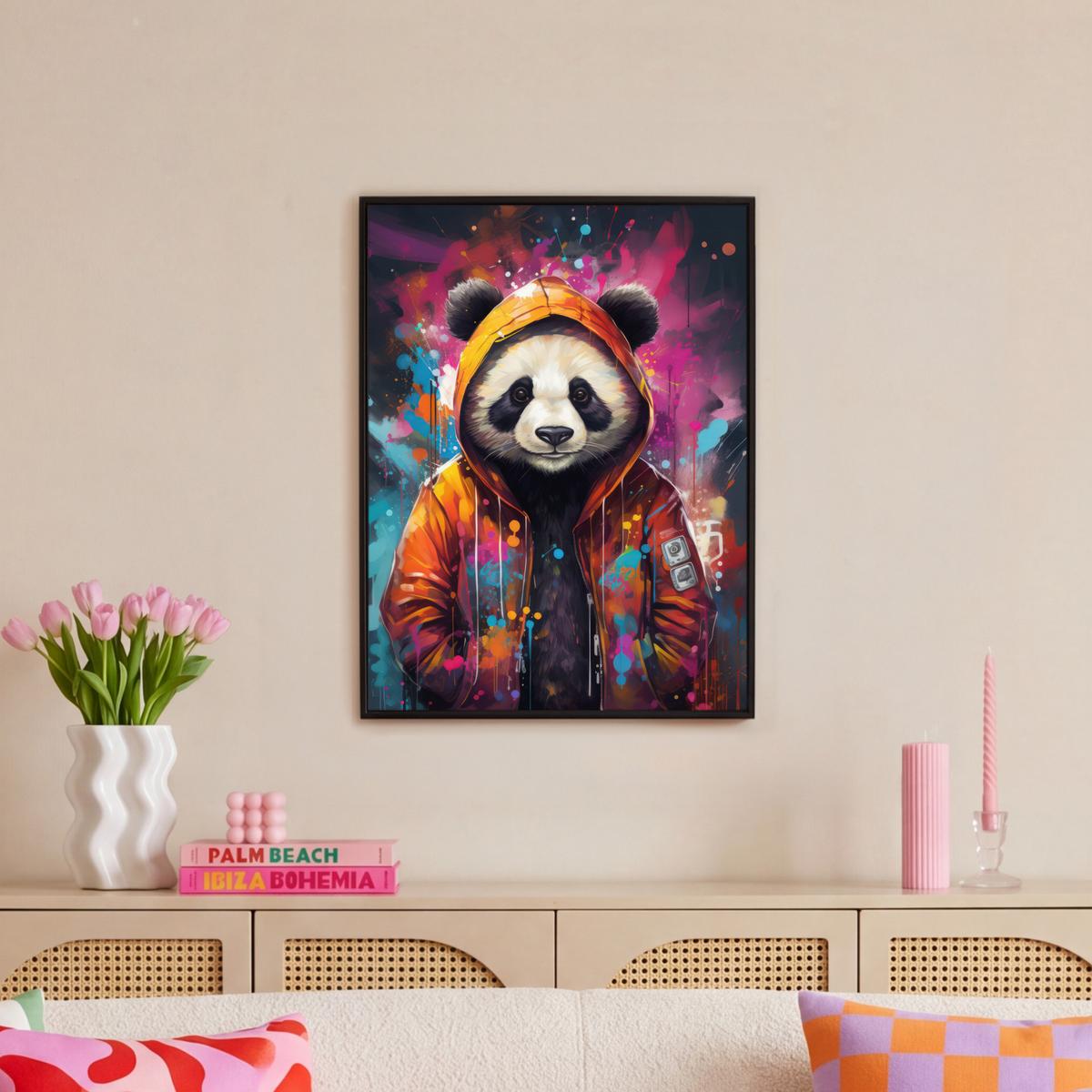 LEINWAND Bilder mit Rahmen - Panda - Jacke - Graffiti - Orange - 60x80 - Orange, Textil (60/80cm) - MuchoWow
