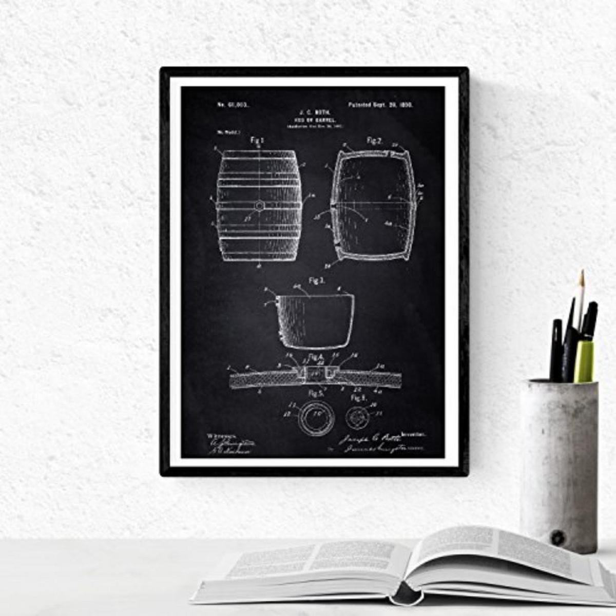 POSTER Set mit 4 Schwarz Patenten Wein A4 Schwarzer Rahmen - Schwarz, Papier (29.7/3cm) - Nacnic