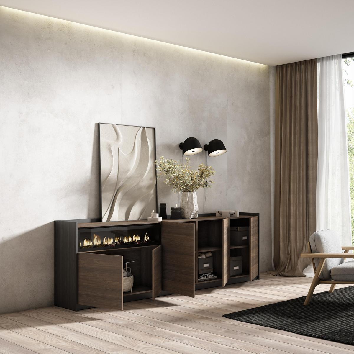 SIDEBOARD, Highboard, Dunkler Eiche und Schwarz, Elektrokamin, 260/37/80cm - Hellbraun, Holzwerkstoff (260/80/37cm) - Skraut Home