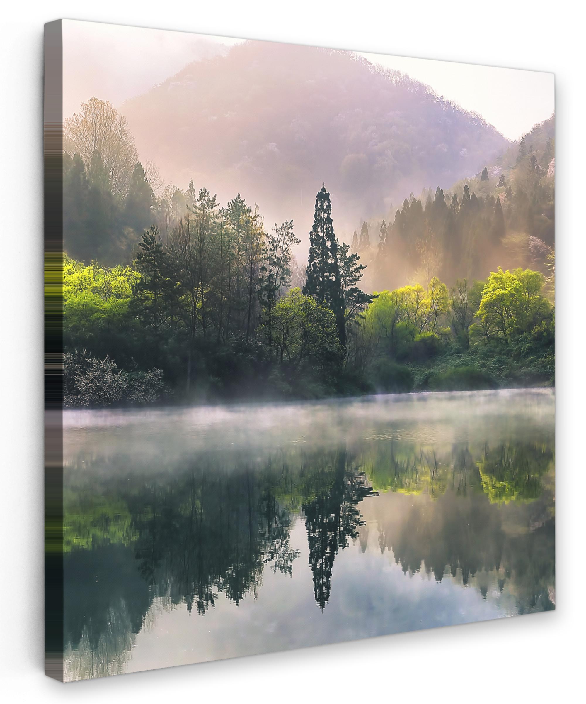 LEINWANDBILD Natur - Bäume - Berge - See - Wasser Deko Wohnzimmer 20x20 cm - Hellgrün, Textil (20/20cm) - MuchoWow