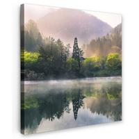 LEINWANDBILD Natur - Bäume - Berge - See - Wasser Deko Wohnzimmer 20x20 cm - Hellgrün, Textil (20/20cm) - MuchoWow