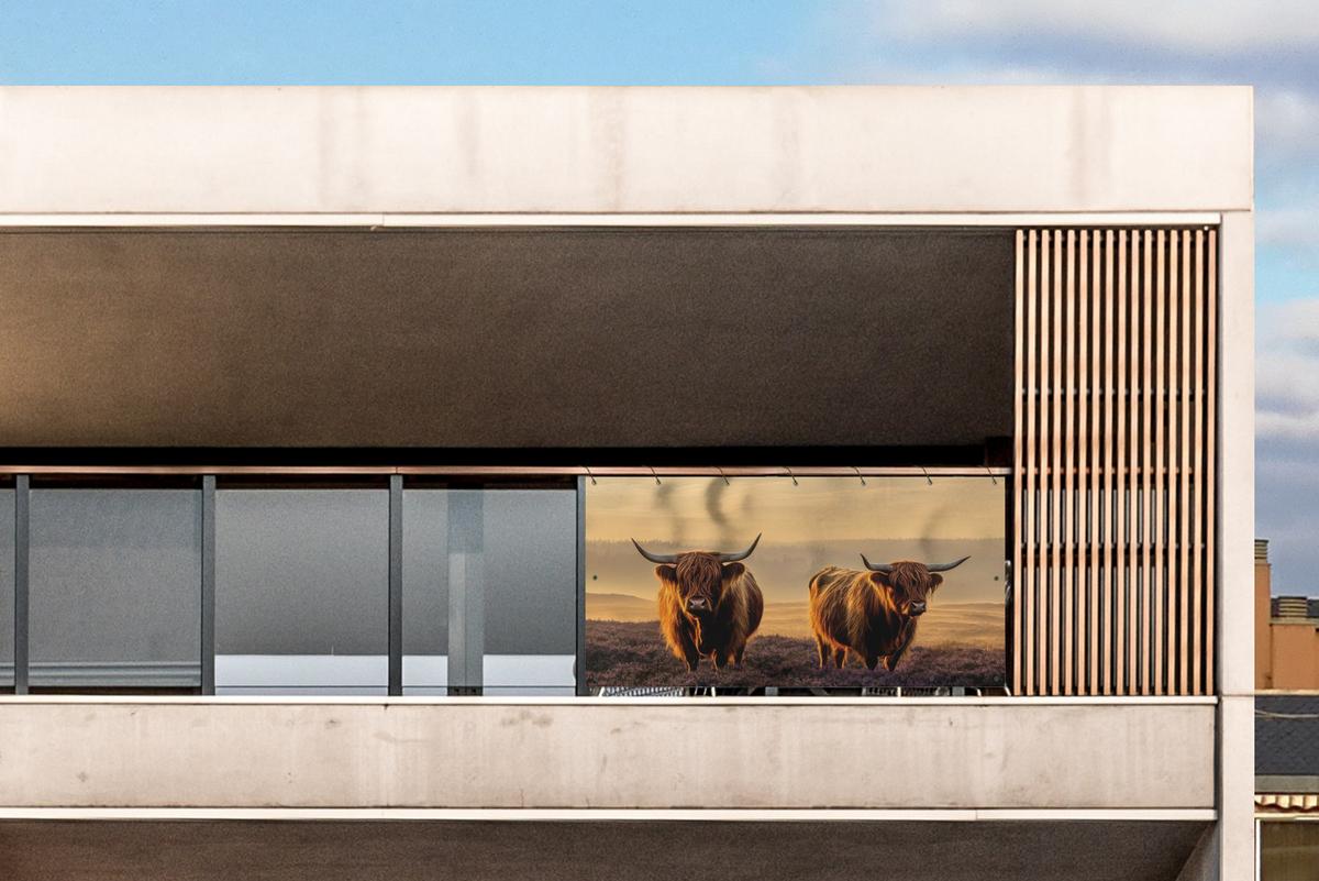BALKON-SICHTSCHUTZ Schottische Hochlandbewohner - Heide - Landschaft - Tiere Witterungsbeständig 200x90 cm - Cognac, Kunststoff (200/90cm) - MuchoWow