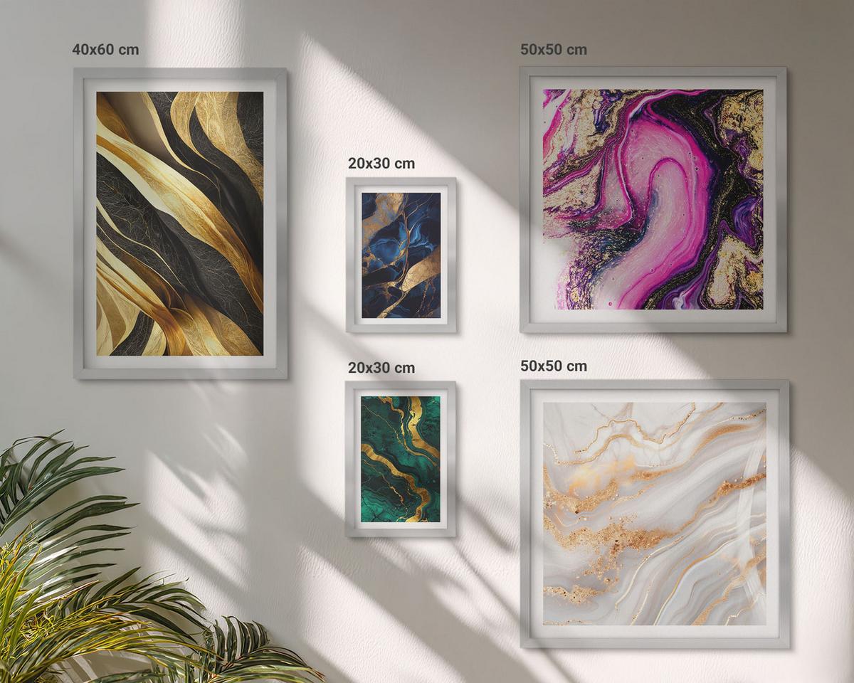 BILDER SET 5er Set - 50x50 cm & 20x30 cm & 40x60 cm Silberner Rahmen - Abstrakter Marmor mit Farben - Silberfarben, Kunststoff (40/60cm) - TULUP