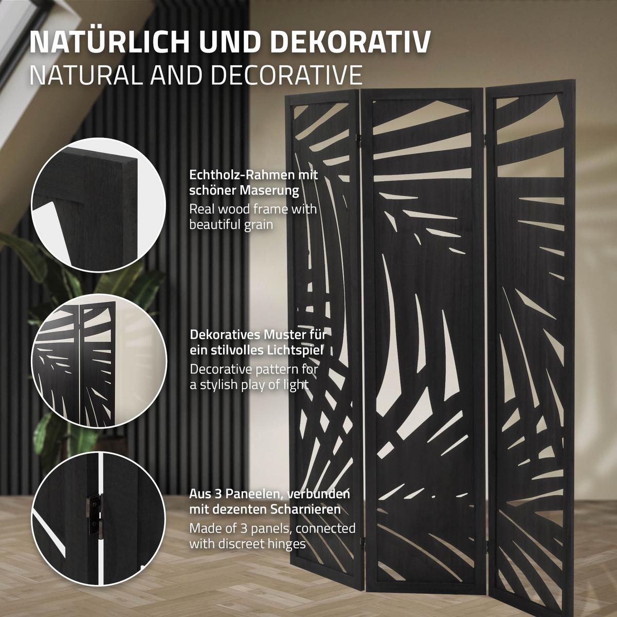PARAVENT 3 teilig Sapporo 170x121 cm Schwarz aus Holz - Braun, Holz (121/170/2cm) - ML-DESIGN