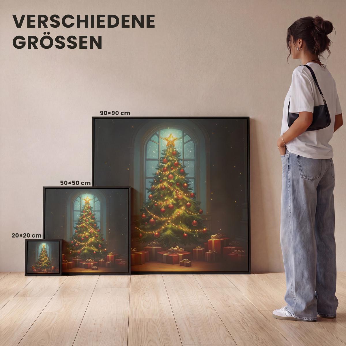 LEINWAND Bilder mit Rahmen - Weihnachtsbaum - Geschenk - Winter - 90x90 - Grün, Textil (90/90cm) - MuchoWow