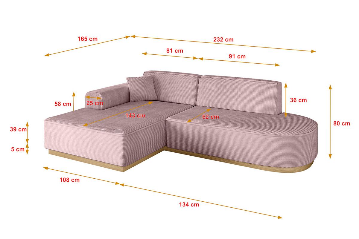 ECKSOFA Ottomane Links IREA-L1-v2 - 232x165x80 cm Rosa - Rosa, Holzwerkstoff/Textil (232/165cm) - ALTDECOR