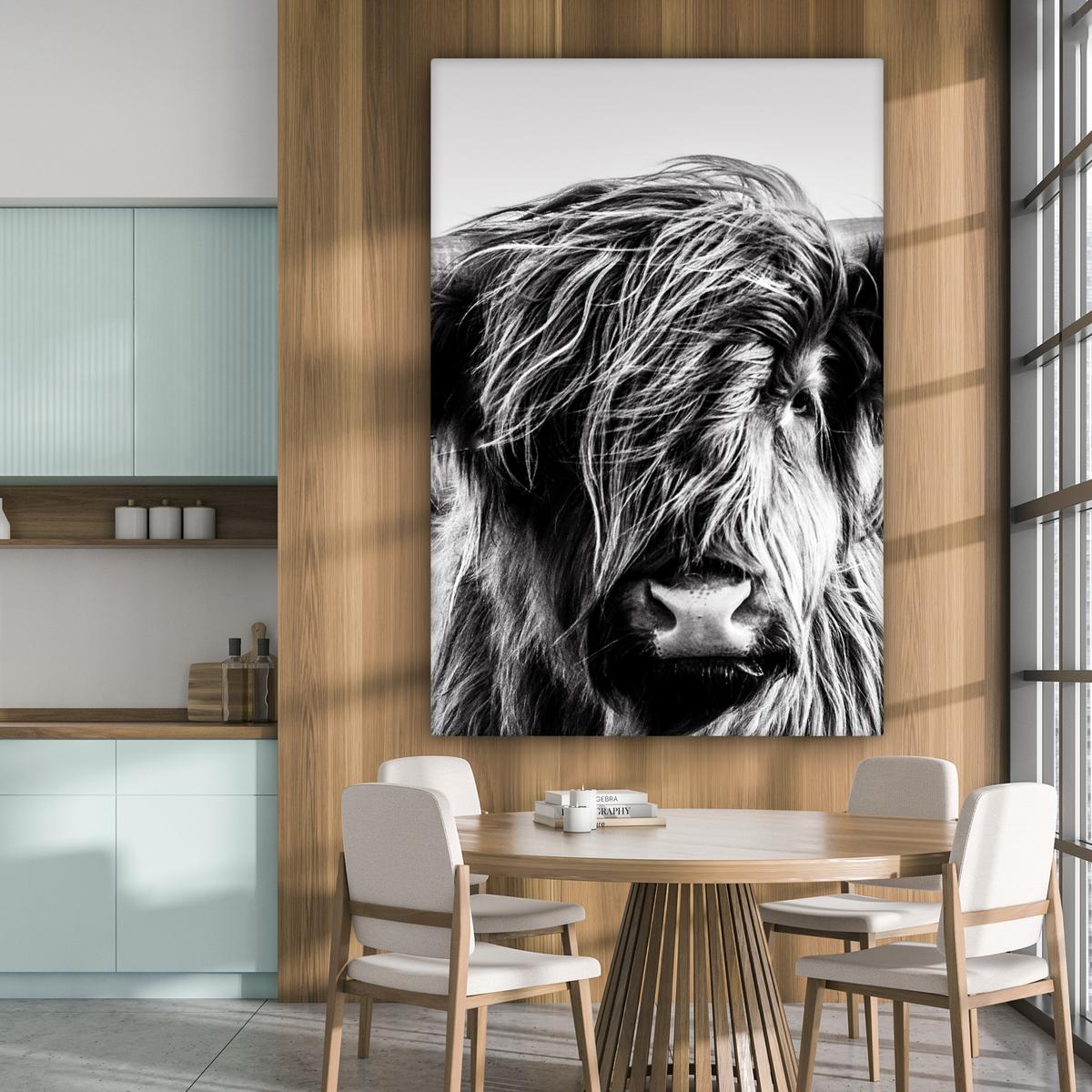 LEINWANDBILD Kuh - Schottischer Hochländer - Schwarz - Weiß - Tier - Natur - Wildtiere Deko Groß 90x140 cm - Schwarz, Textil (90/140cm) - MuchoWow