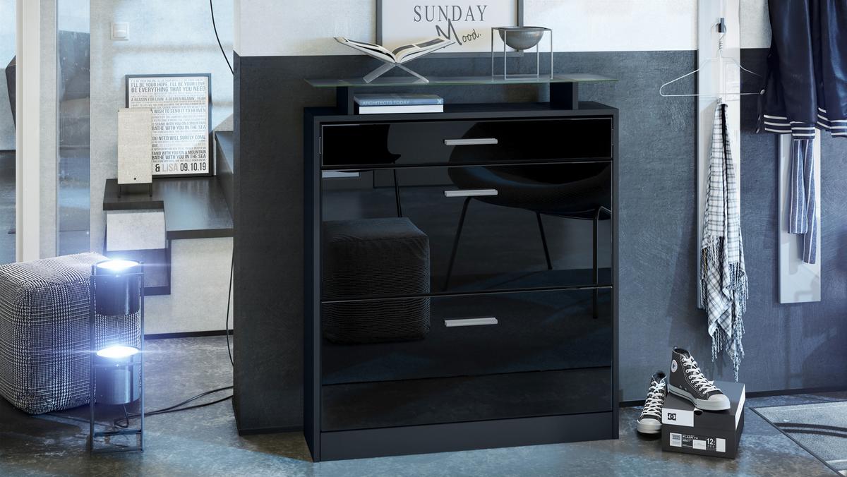 SCHUHSCHRANK Loret Front in Schwarz Hochglanz - Schwarz Hochglanz, Holzwerkstoff (89/104/23cm) - Vladon