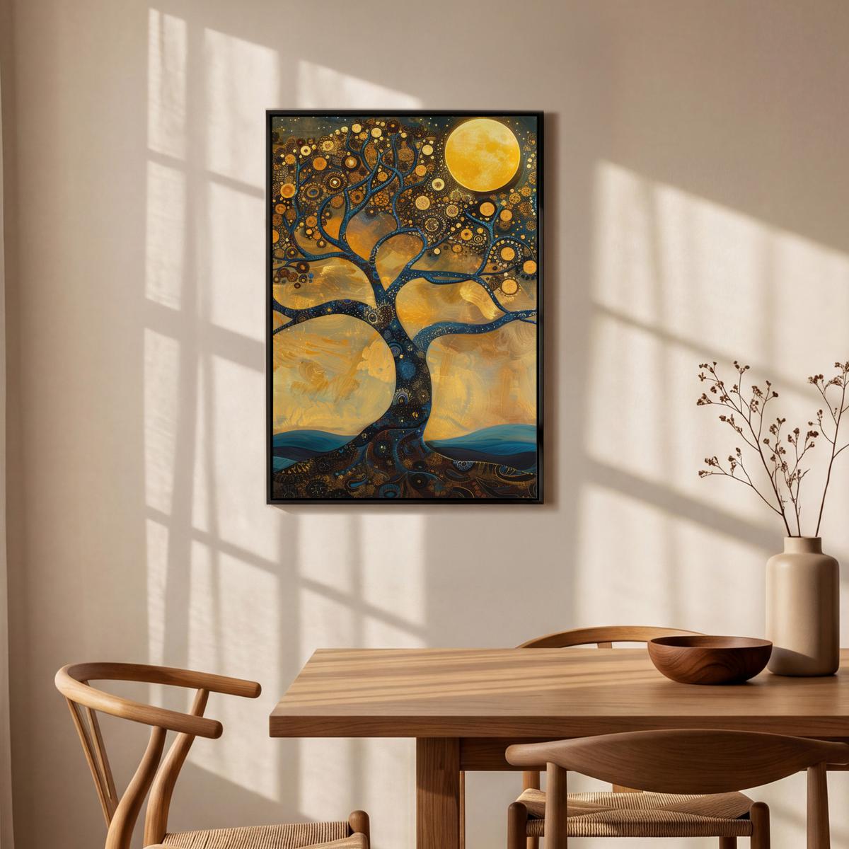 LEINWAND Bilder mit Rahmen - Baum - Mond - Blumen - Gold - Kunst - 60x90 - Orange, Textil (60/90cm) - MuchoWow