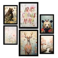 POSTER Set Mit 6 Blumen & Schmetterlinge A3 & A4 Schwarzer Rahmen - Schwarz, Papier (29/3cm) - Nacnic