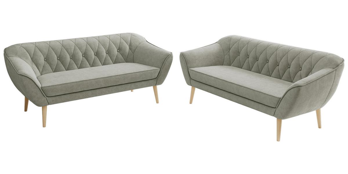 SITZGARNITUR PIRS 3+3 - Hellgrau Strukture - Holzbeine - Silberfarben/Buchefarben, Holzwerkstoff/Textil (180/75/74cm) - MKS
