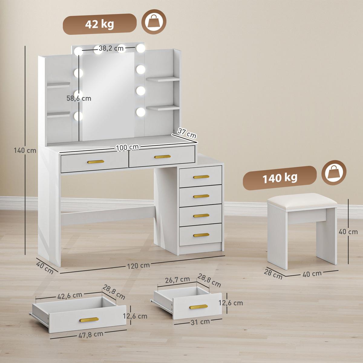 SCHMINKTISCH mit Hocker MDF Glas Weiß - Goldfarben/Weiß, Holzwerkstoff/Metall (40/140/120cm) - HOMCOM