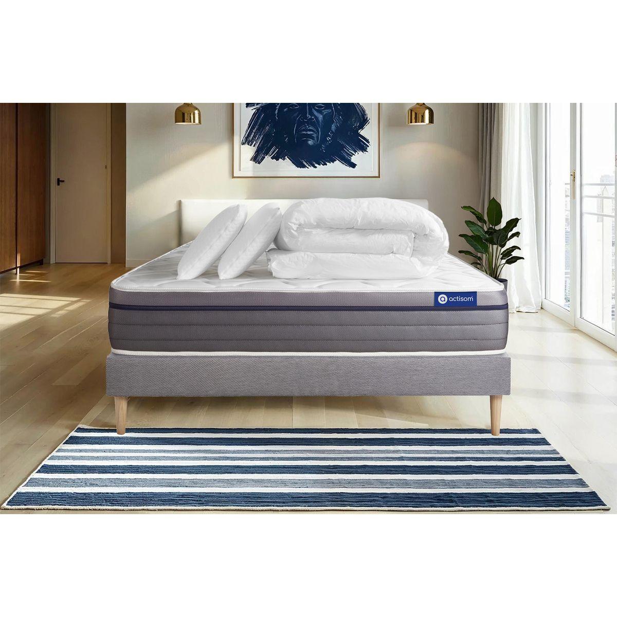 BETT Actiflex zen Taschenfederkern und Memory-Schaum 160 x 200 cm h1 - Kit Bettgestell Grau - Mit Kissen und Bettdecke - Beige/Grau, Karton/Holz (160/200cm) - ACTISOM